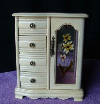 Vintage White Wood Jewelry Box With Drawers & Necklace Storage