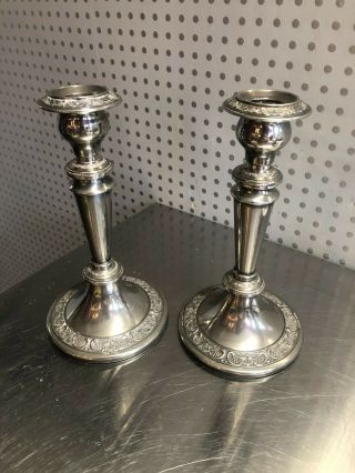 Antique/vintage Pair Shabby Worn Silver Plate On Copper Candlesticks 8 1/4 "