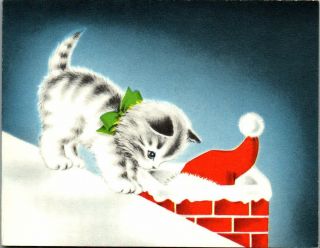 Curious Kitty Cat Kitten Waits For Santa Claus Roof Vtg Christmas Greeting Card