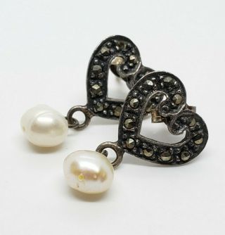Ornate Vintage Signed 925 Sterling Silver Marcasite Pearl Heart Dangle Earrings