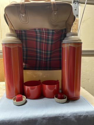 Vintage 1970s Aladdin Red Plaid Picnic Set 2 Thermos Lunch Box Carry Tote Camp