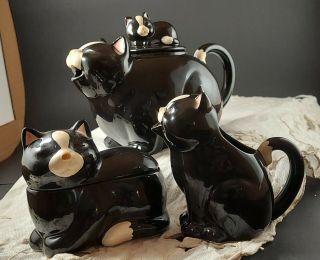 Vintage Takahashi Ceramic Black & White Cat Tea Pot,  Sugar Bowl & Creamer Set