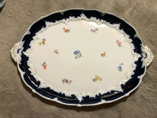 Antique Meissen Cobalt Blue Hand Painted Scattered Flowers Tray Platter 18 "