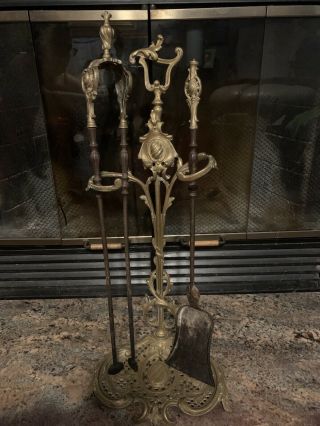 Antique Ornate Brass & Metal Fireplace Tools Set 2 Piece With Stand French Decor
