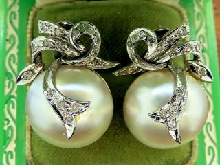 Vintage Palladium Art Deco Antique Mabe Pearl Diamond Filigree Earrings
