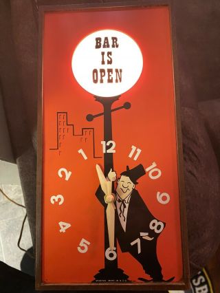 Vintage Spartus Lighted Bar Is Open Sign & Reverse Clock W/drunk Man Model 6051