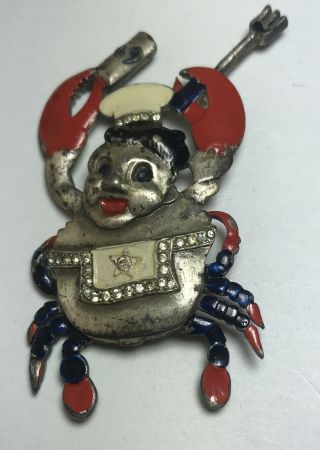 Vintage Brooch Crab Man Chef Red White Blue Rhinestones 1969? Hand Painted?