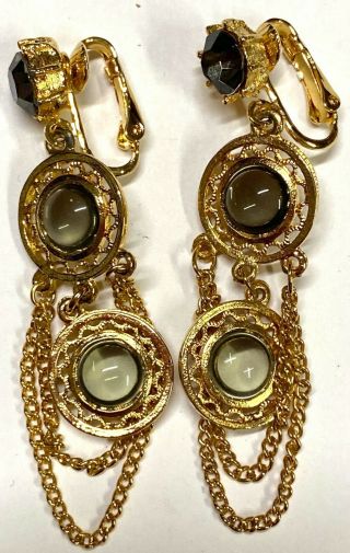 Signed Celebrity Vintage Glass Rhinestone Gold Tone Dangle Clip Earrings 8/299