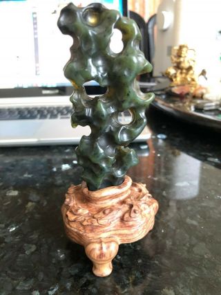 Vintage Chinese Hand Carved Green Jade Taihu Stone Shape Figure With Wood Stand