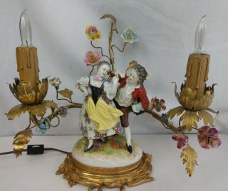 Antique Gilt French Boudoir Lamp Meissen Porcelain Flowers & Dancing Figures
