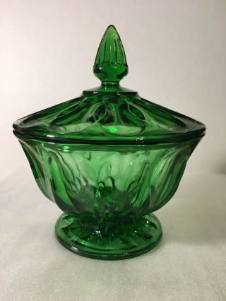 Vintage Depression Indiana Glass Footed Green Candy Dish W/ Lid