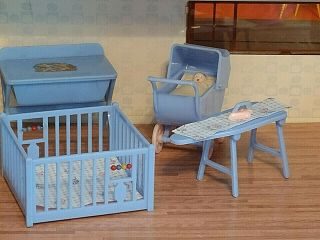 5 Pc Vintage Miniature Renwal Dollhouse Blue Baby Nursery Playpen Carriage Ideal