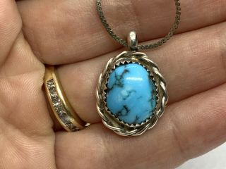 Vintage Native American Sterling Silver Gem Turquoise Stone Pendant 24” Necklace