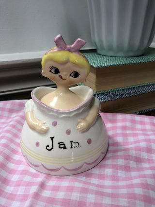 Vintage M - G Dolly Girl Jam Jelly Condiment Jar W Spoon Holt Howard Pixieware