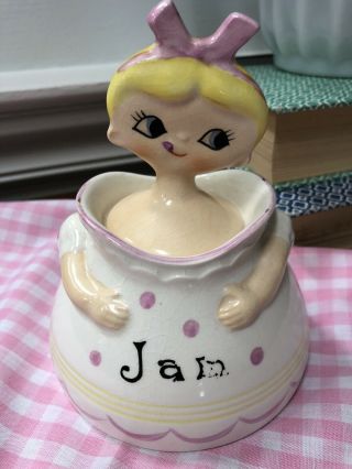 VINTAGE M - G DOLLY GIRL JAM JELLY CONDIMENT JAR W SPOON HOLT HOWARD PIXIEWARE 3