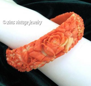 Vintage Art Deco Japanese Molded Celluloid Coral Rose Flower Mum Bangle Bracelet