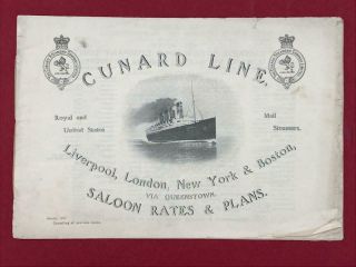 Cunard Line Saloon Rates & Plans Lusitania,  Mauretania Etc March 1911.