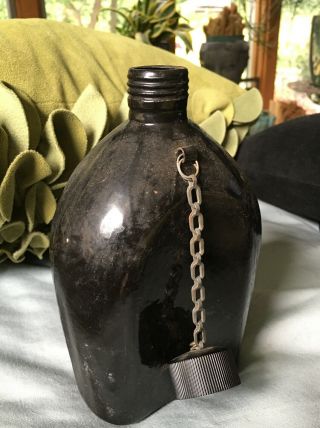 Antique Canteen Vintage Brown Glass Flask With Attached Chain And Metal Cap Lid