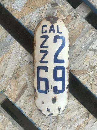1916 California Motorcycle License Plate Zz 269 Fender Curved Porcelain 1918