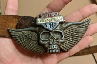 Vintage Harley Davidson Belt & Buckle Skull Wings Enamel Rare Made In Usa