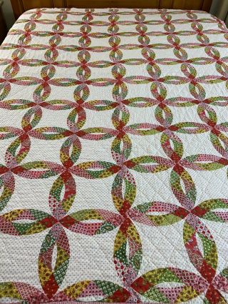 Vintage Double Wedding Ring Cheater Quilt 64 " X 82 " Twin Sz
