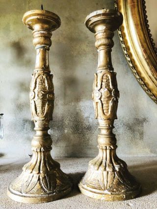 Pair Antique Carved Gilt Altar Church Candle Sticks 14 " H X 6½ " Base X 3½ " Top
