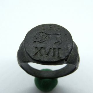 Roman Ancient Artifact Bronze Legionary Ring With Leg Xvii Lion
