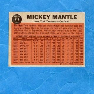 VINTAGE 1962 318 HOF MICKEY MANTLE NY YANKEES Baseball Card EX, 2