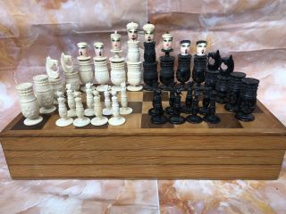 Antique Mexican Cow Bone Handpainted Faces Chess Set Board