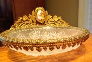 Antique French Ormolu Vanity Trinket Box Dish W/ Glass Insert Roses Vtg Brass
