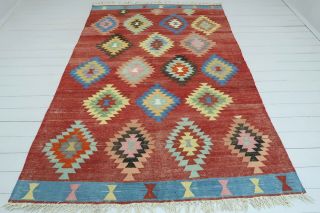 Vintage Turkish Kilim Rug Modern Designed Handmade Kelim Carpet Wool Rug 67 " X98 "
