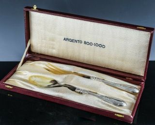 Vintage Cased Italian 800 Solid Silver & Bovine Horn Salad Servers Spoon Fork