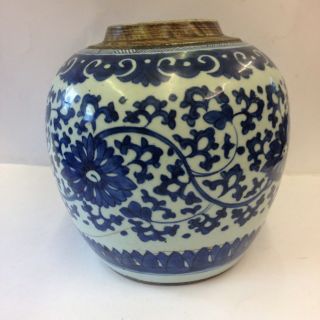 Antique Chinese Kangxi Period Blue And White Floral Ginger Jar Repaired 18th Cen
