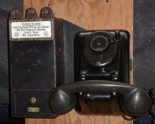 Antique 1909 3 Slot Gray Telephone Pay Station With Leich Crank Wall Phone
