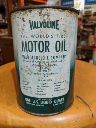 Vintage 1950 ' s Valvoline Motor Oil 1 Quart All Metal Can 3