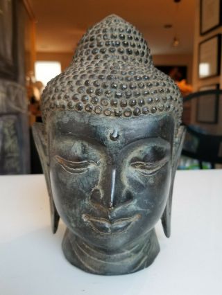 L@@k Rare Antique Bronze Buddha Head Statue Serene Chinese Thai Feng Shui