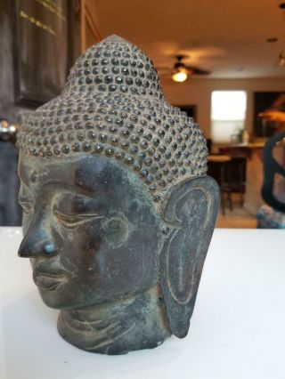 L@@K RARE Antique Bronze BUDDHA HEAD Statue Serene Chinese Thai Feng Shui 2
