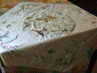 Antique Chinese Embroidered Silk Damask Table Cover Dragon Phoenix Lined