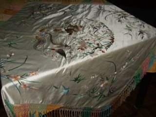 Antique Chinese Embroidered Silk Damask Table Cover Dragon Phoenix Lined 2