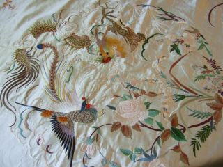 Antique Chinese Embroidered Silk Damask Table Cover Dragon Phoenix Lined 3