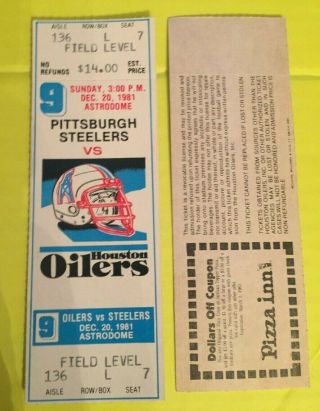 Vintage 1981 Pittsburgh Steelers @ Houston Oilers Titans Full Home Game Ticket