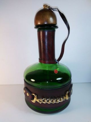 Vintage Dark Green Crackle Glass Decanter With Leather Wrap.  (empty)