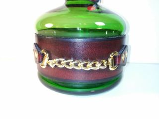 vintage dark green crackle glass decanter with leather wrap.  (EMPTY) 2