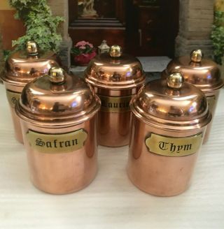 Charming Set Of 5 Antique French Copper Spice Containers Canisters Jars & Tags