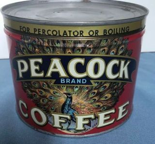 Vintage / Antique Peacock Coffee Tin Can 1lb