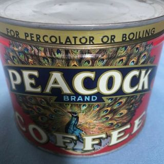 Vintage / Antique PEACOCK COFFEE Tin Can 1lb 2