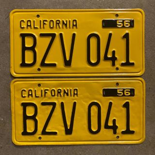 1956 California License Plate Pair Bzv 041 Yom Dmv Clear Ford Chevy 1957 1958