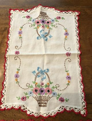 Vintage 3 Piece Hand Embroidered BASKETS OF FLOWERS Dresser Scarf Set 2
