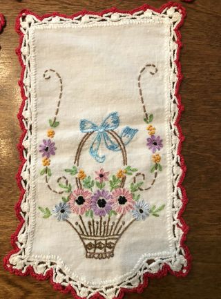 Vintage 3 Piece Hand Embroidered BASKETS OF FLOWERS Dresser Scarf Set 3