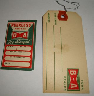 2 Vintage B/A Oil Change Service Reminder Tags,  Sticker and 2 B/A Logo Pins 2